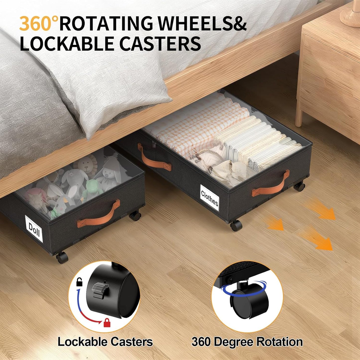 Under Bed Storage Containers with Wheels Large Underbed Shoes Blankets Clothes Toy Storage Drawers for College Dorms Bedrooms Nursery Rooms Organization (Black 2 Pack, 7.5in height(36"x16.6"x7.48"))