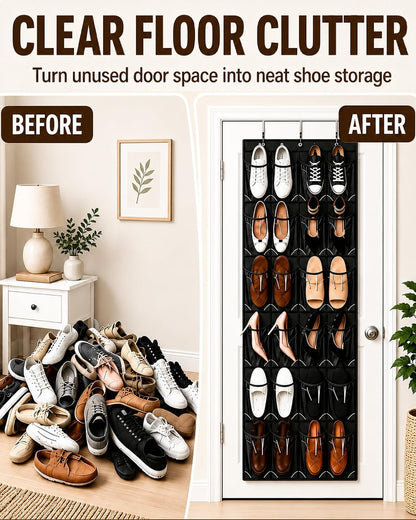 Over the Door Shoe Organizer with 24 Crystal Clear Pockets and Metal Hooks – Heavy Duty Hanging Shoe Storage Rack for Closet, Bathroom, Dorm – Space Saving for Shoes, Accessories, Toys (White)