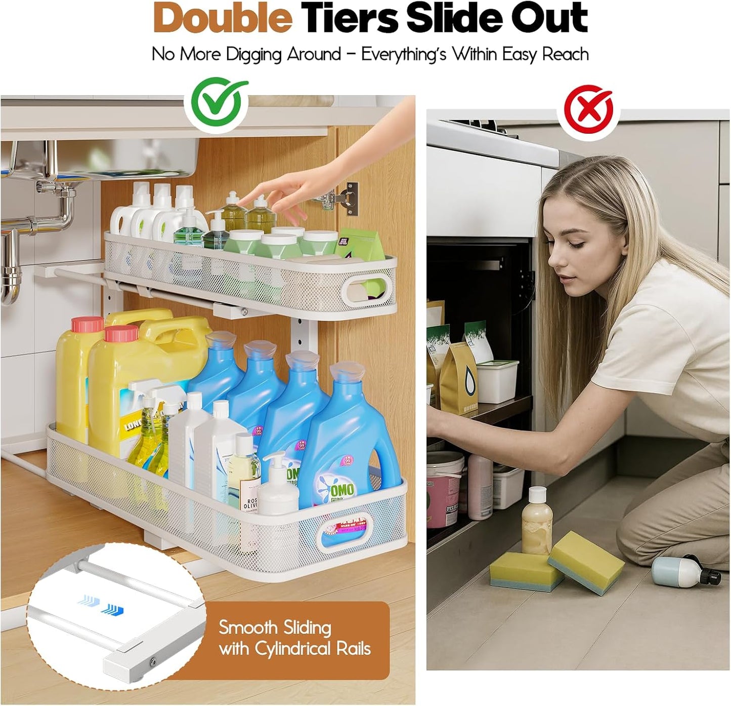 2 Pack Under Sink Organizer With Smooth Cylindrical Rail,2-Tier Pull Out Multi-Purpose Cabinet Storage for Bathroom&Kitchen,Height Adjustable,Rust-resistant Coating-White
