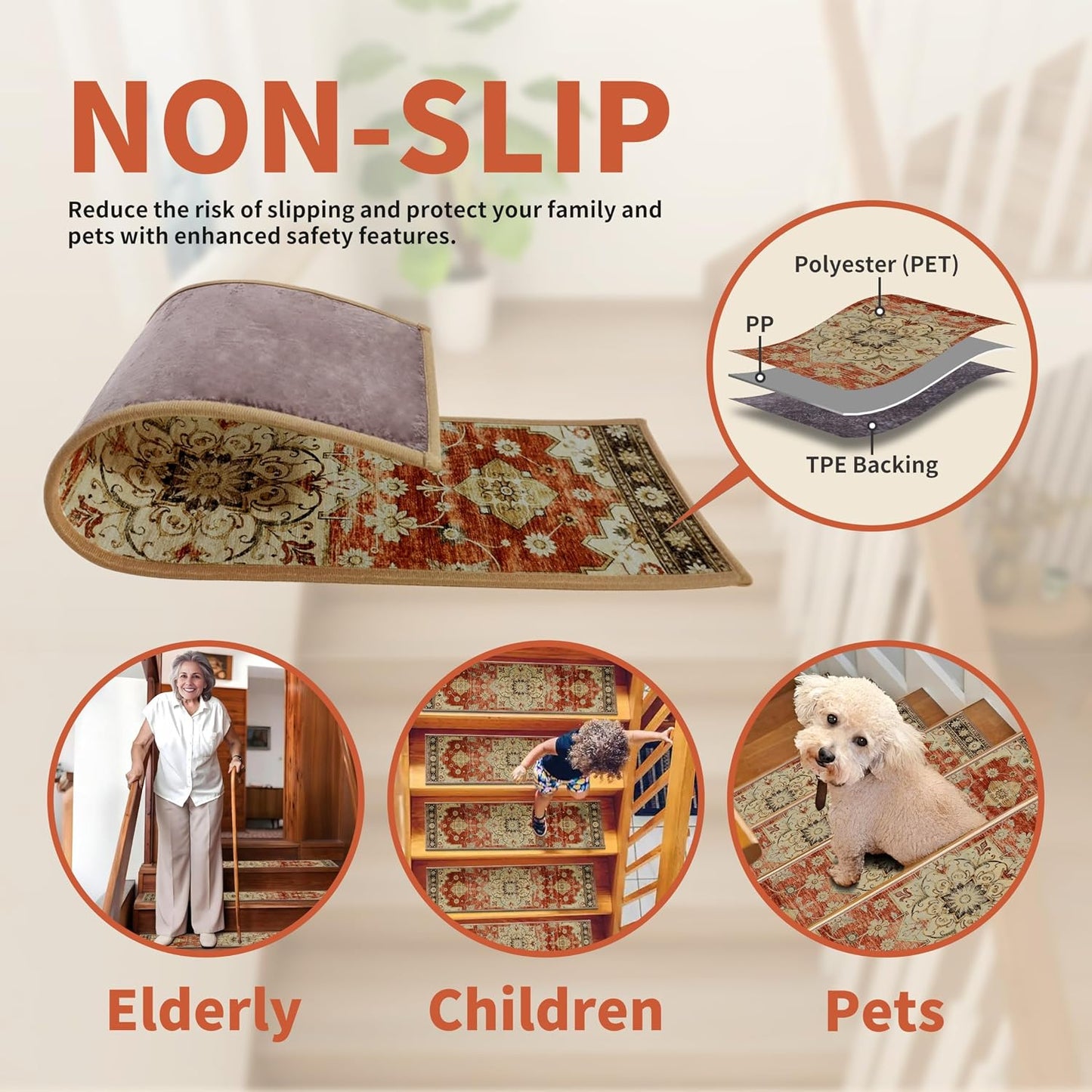 Non-Slip Carpet Stair Treads 15PCS, 8"x30" Peel and Stick Stair Runner for Wooden Steps Indoor, Washable Reusable Adhesive Backing, Pet-Friendly Safety Mats for Kids, Elders, Dogs