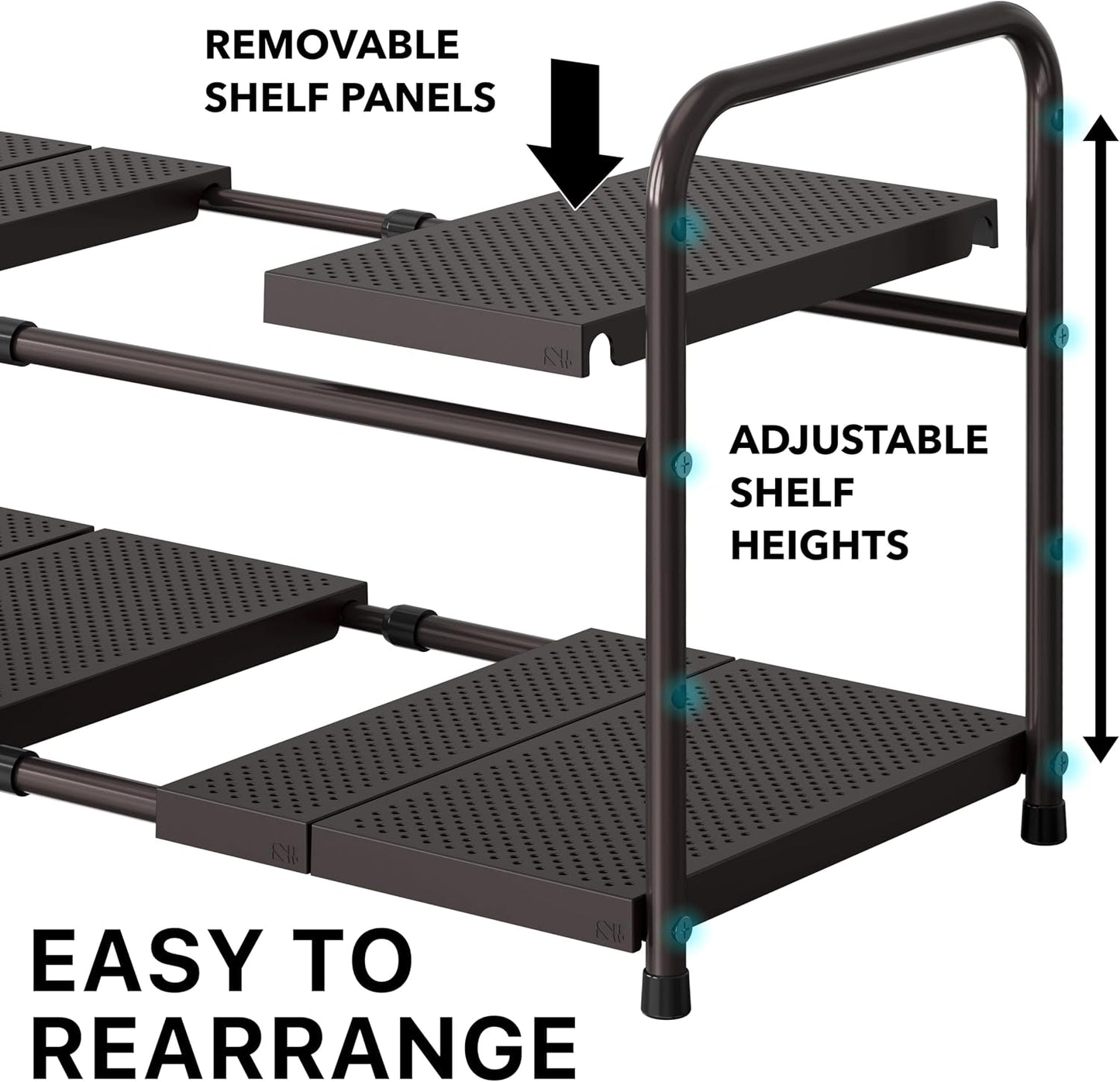 Simple Houseware Under Sink 2-Tier Heavy Duty Expandable Rack Organizer, Adjustable Width 15.75–25 Inches with 4 Shelf Height Levels, Silver