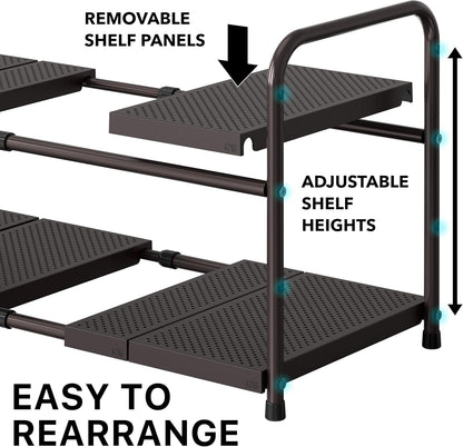 Simple Houseware Under Sink 2-Tier Heavy Duty Expandable Rack Organizer, Adjustable Width 15.75–25 Inches with 4 Shelf Height Levels, Silver