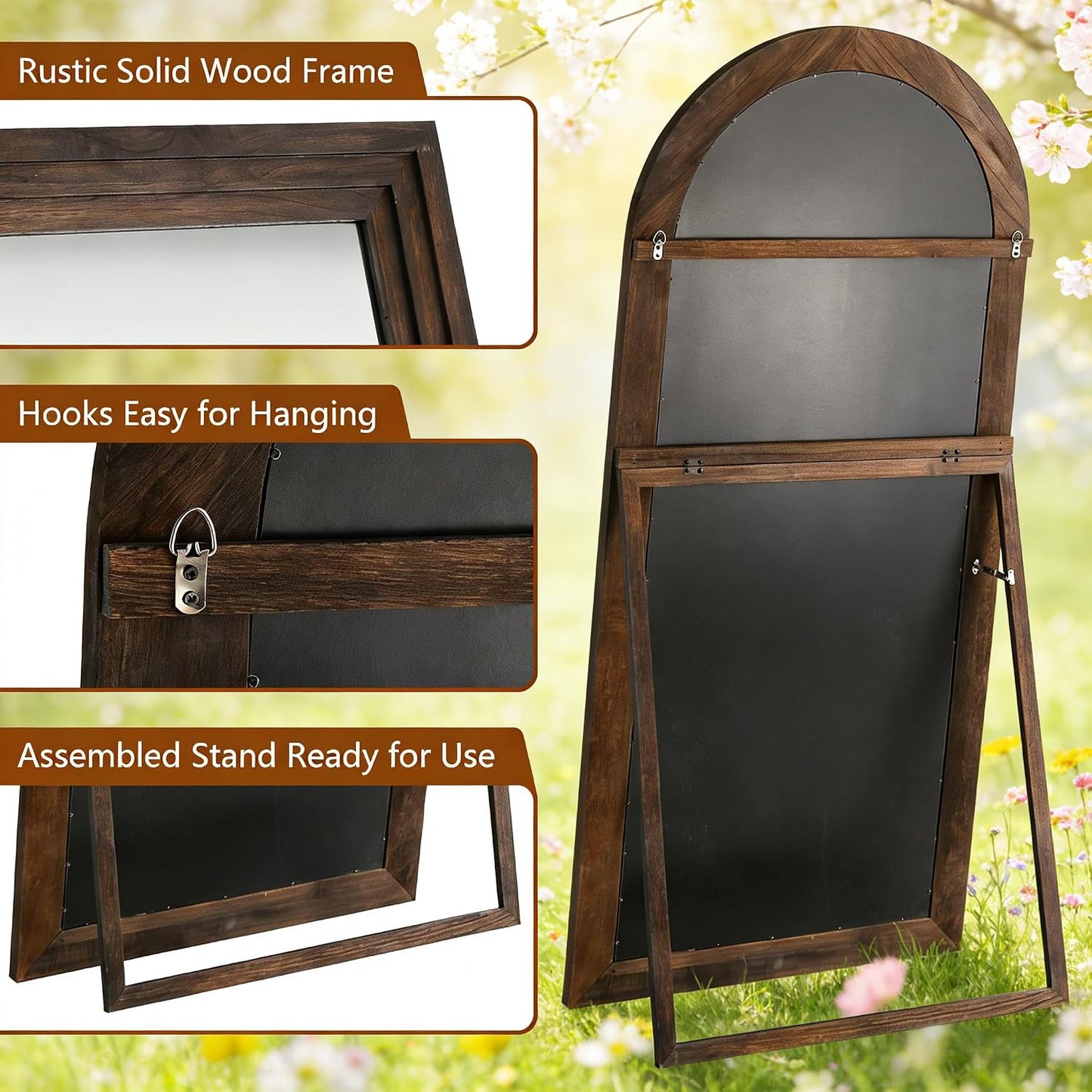 Full Length Mirror with Solid Wood Frame & Stand, 71"x32" Oversized Arched Floor Mirror, Charred Wood Finish Wall Mounted or Leaning Mirror for Bedroom Living Room, Burnt Brown