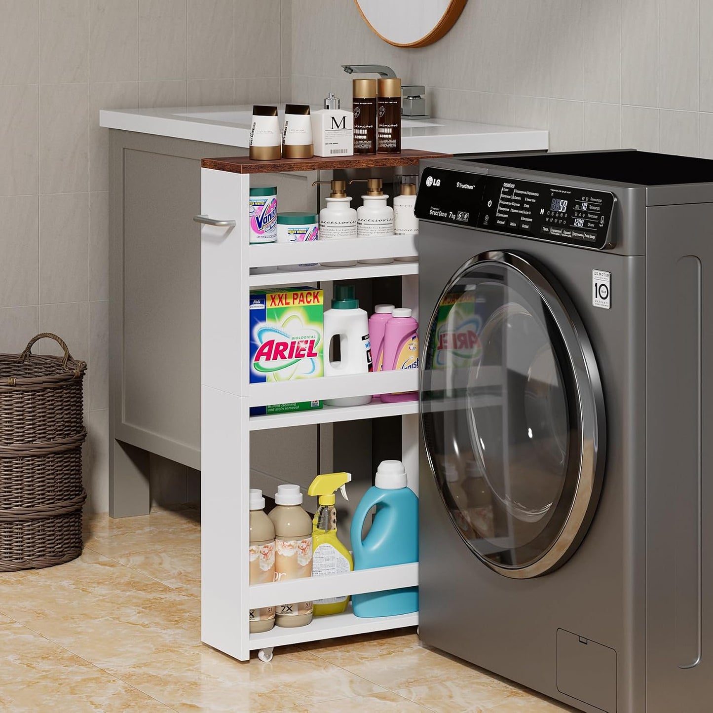Smartxchoice 4 Tier Slim Storage Cart, Narrow Rolling Utility Cart with Handle, Wooden Shelving Unit Organizer Trolley for Small Spaces Laundry, Kitchen, Dining Room, Living Room, Narrow Places, White