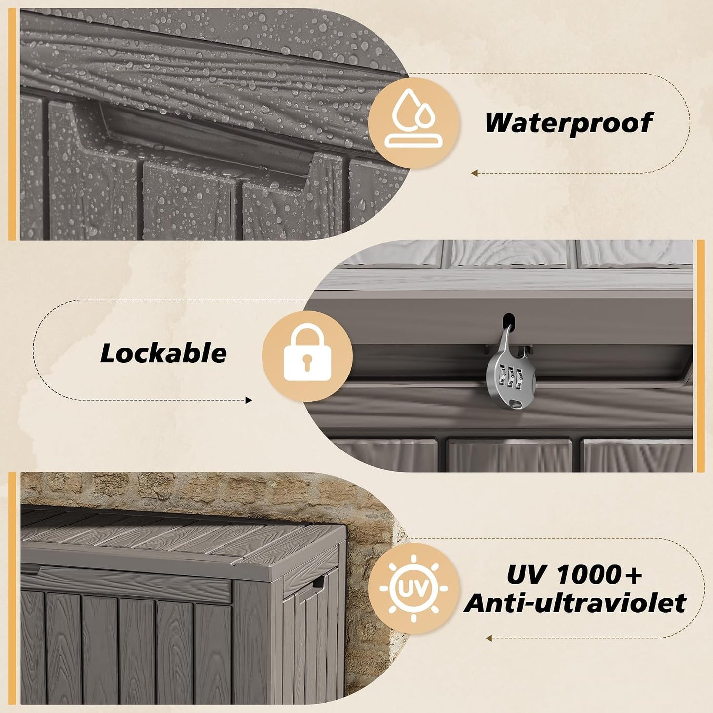 Fancyango 75 Gallon Outdoor Deck Box Waterproof, Large Storage Box for Patio, Resin Storage Bench Lockable for Garden Tools, Package Delivery, Black