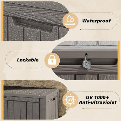 Fancyango 75 Gallon Outdoor Deck Box Waterproof, Large Storage Box for Patio, Resin Storage Bench Lockable for Garden Tools, Package Delivery, Black