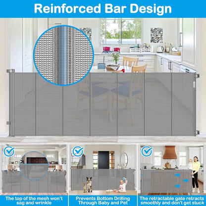 42 Inch Extra Tall Retractable Baby Gates with Reinforced Strips 55 Inch Wide Outdoor Retractable Dog Gate No Sag Extra Tall Baby Gate for Doorway Anti-Scratch Mesh Gates for Kids or Pets, White