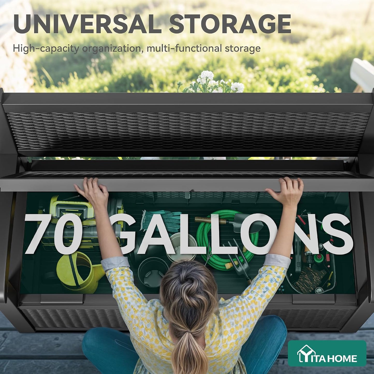 YITAHOME 100 Gallon Large Outdoor Deck Box | Waterproof Resin Storage Box, Lockable Indoor Outdoor Storage Container for Patio Furniture Cushions, Pool Accessories