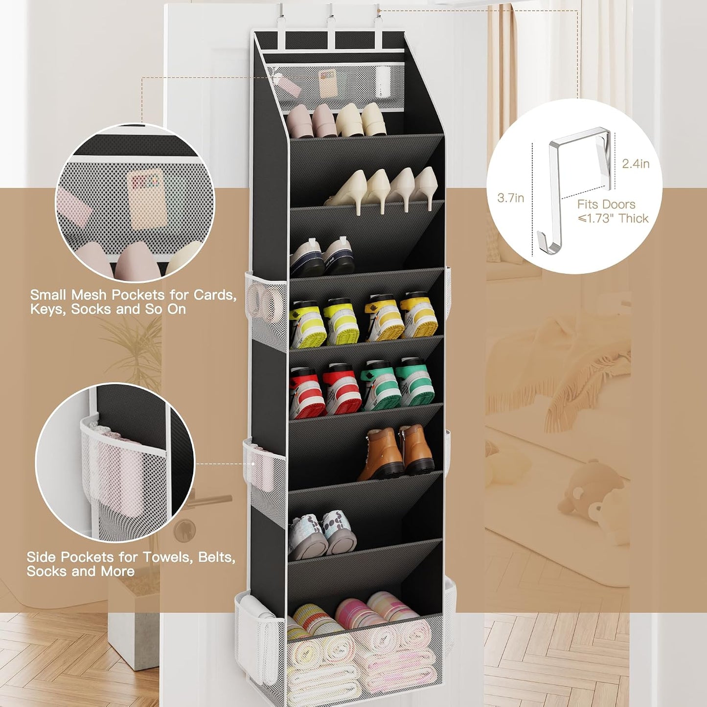 Criusia Shoe Organizer, Over the Door Shoe Organizer, Hanging Closet Shoe Storage with Large Deep Pockets, Fits 16–24 Pairs of Sneakers, Sandals, Boots, Gray