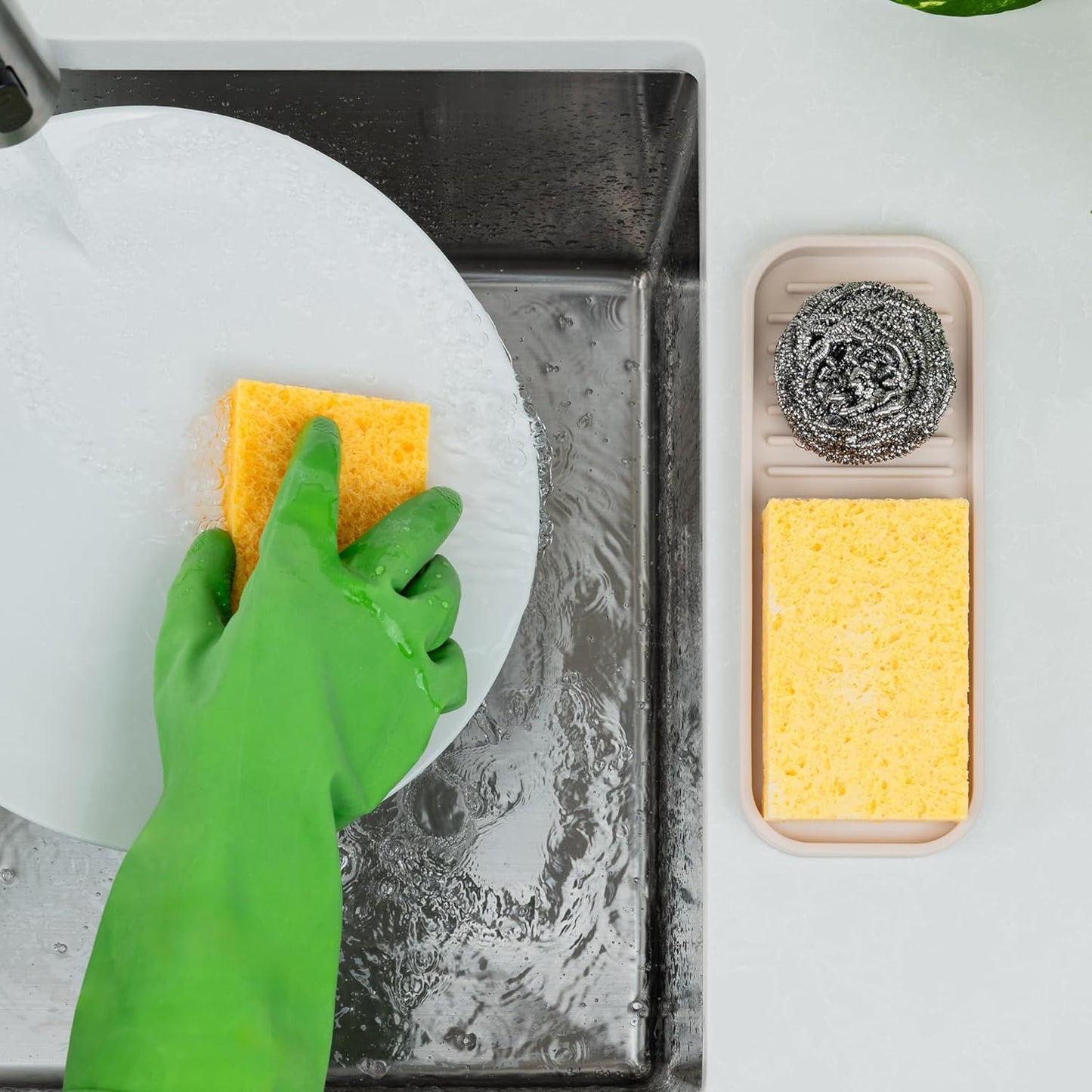 Zulay Kitchen (9x3.5in) Sponge Holder for Kitchen Sink - Flexible Heavy-Duty Multipurpose Sink Caddy - Counter Organizer for Kitchen, Bathroom, Makeup, Trinkets & More! (Grey)