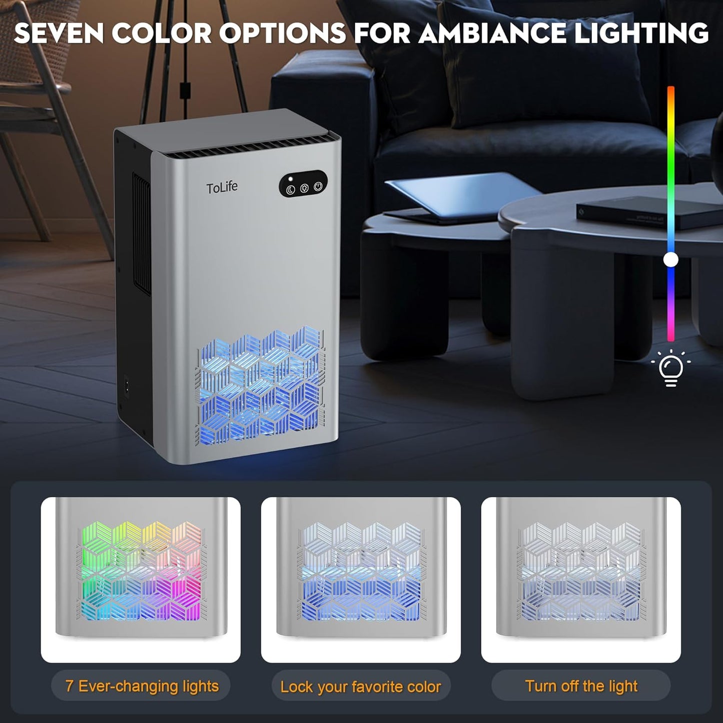 ToLife Dehumidifier for Home 95 OZ Water Tank, 1000 sq.ft Dehumidifiers for Basement Bedroom Bathroom with Auto Shut Off 7 Colors LED Light, Grey