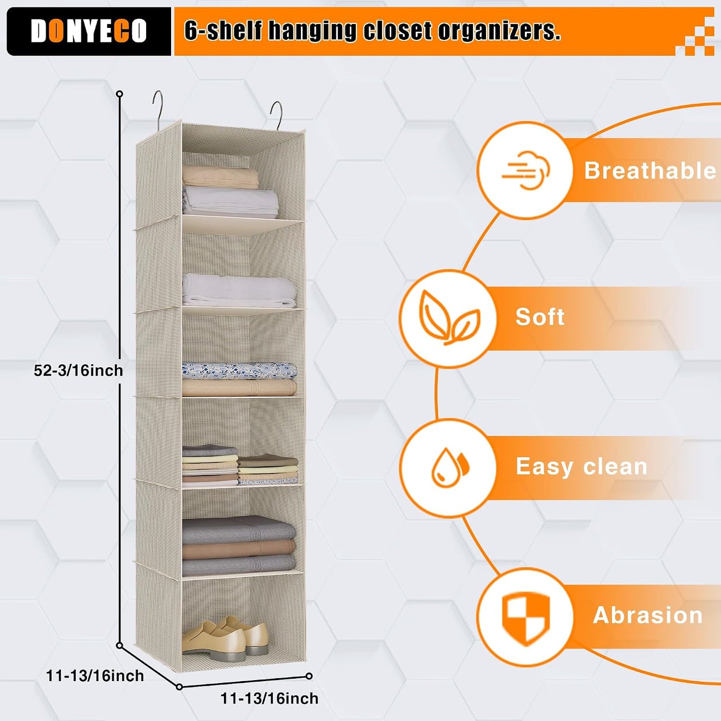 Hanging Closet Organizer 3-Shelf, Oxford Fabric Wardrobe Storage, Gray | Easy-mount foldable design holds clothes, handbags, shoes & accessories; washable Oxford fabric, sturdy and space-saving.
