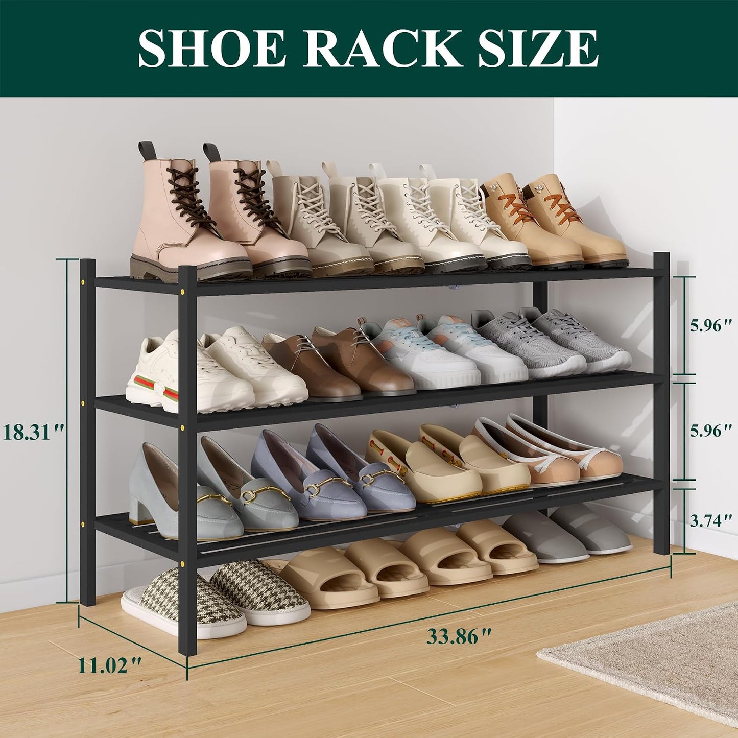 Smiry Bamboo Shoe Rack, 3 Tier Free Standing Wooden Shoe Organizer, Stackable Wood Shoe Storage Shelf for Closet, Entryway, 5 Horizontal Slats, 26.8"x11"x18.3", Natural