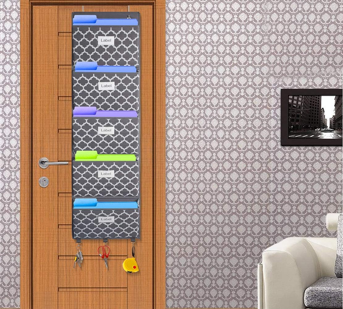 homyfort Over the Door File Organizer, Wall Hanging File Folders with 5 Large Pocket for Mails, Magazines, Back to School Supplies,Office Chart Storage, Paper Organization (Grey)