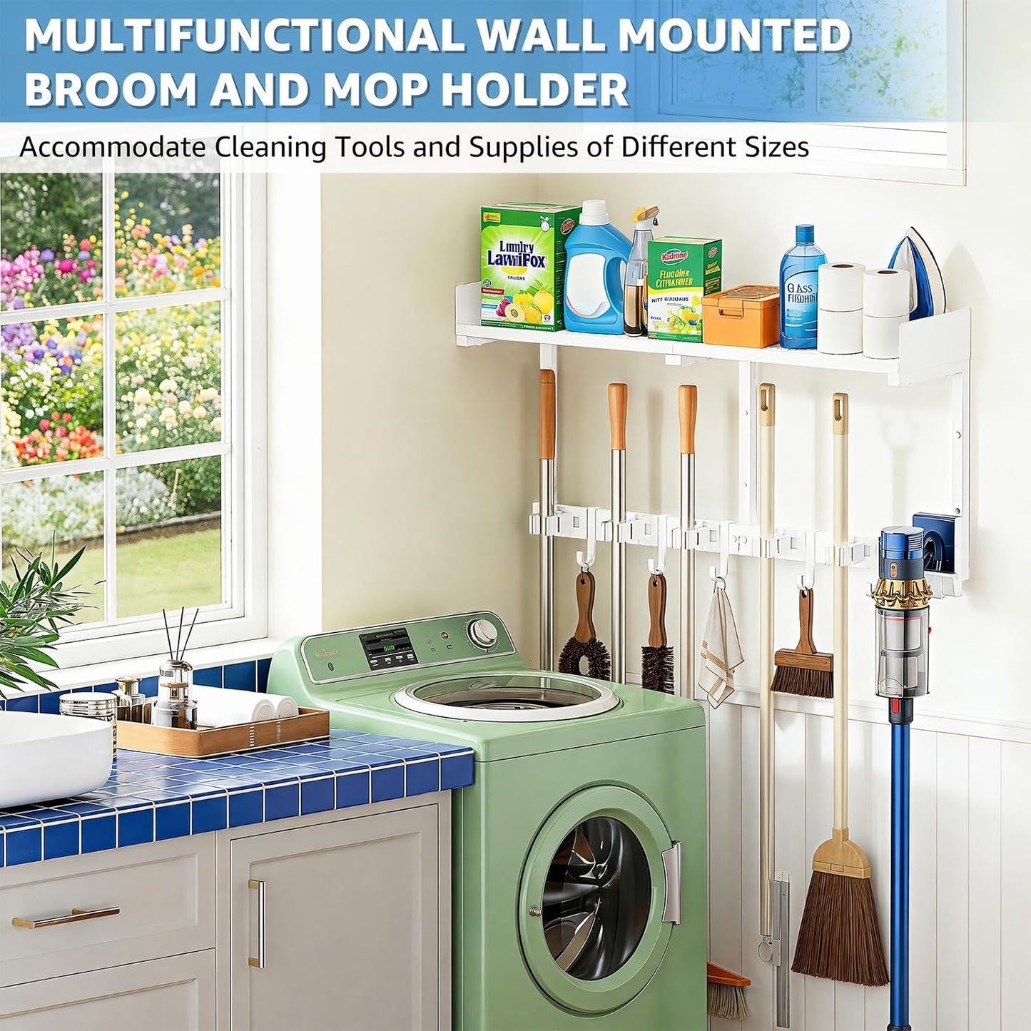 HUFAND Broom Holder Wall Mount, 27" Large Mop and Broom Organizer Wall Hanging with Top Storage Shelf & Vacuum Hook, Heavy Duty Iron Utility Rack for Laundry Room, Garage, Kitchen, Garden - Black