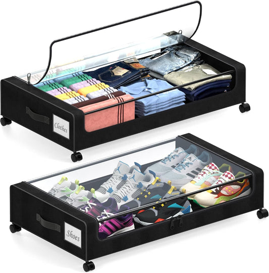Under Bed Storage with Wheels, 2 Pack Under Bed Storage Containers with Clear Lids, XXL 65L Under Bed Storage Organizer, Rolling Under Bed Metal Drawer for Blanket, Clothes, Shoes (31 x 17 x 6.69 in)
