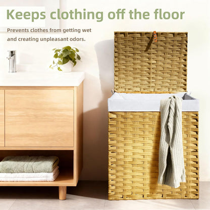 Wicker Laundry Hamper with Lid,34 Gal(130 L) Rattan Laundry Basket 2 Sections with Lid, Removable Machine Washable Line, Large Clothes Hamper with Handles for Bathroom Bedroom, Gray