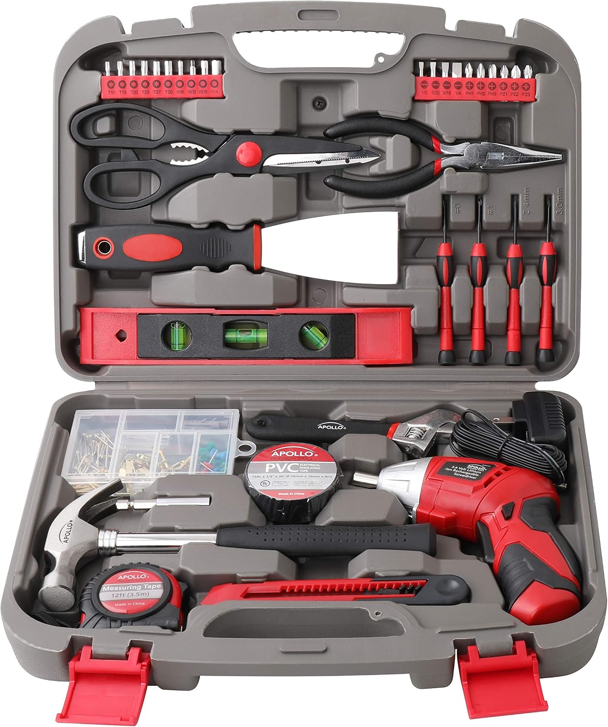 Apollo Tools Original 39 Piece General Household Tool Set in Toolbox Storage Case with Essential Hand Tools for Everyday Home Repairs, DIY and Crafts Red/Black - DT9706