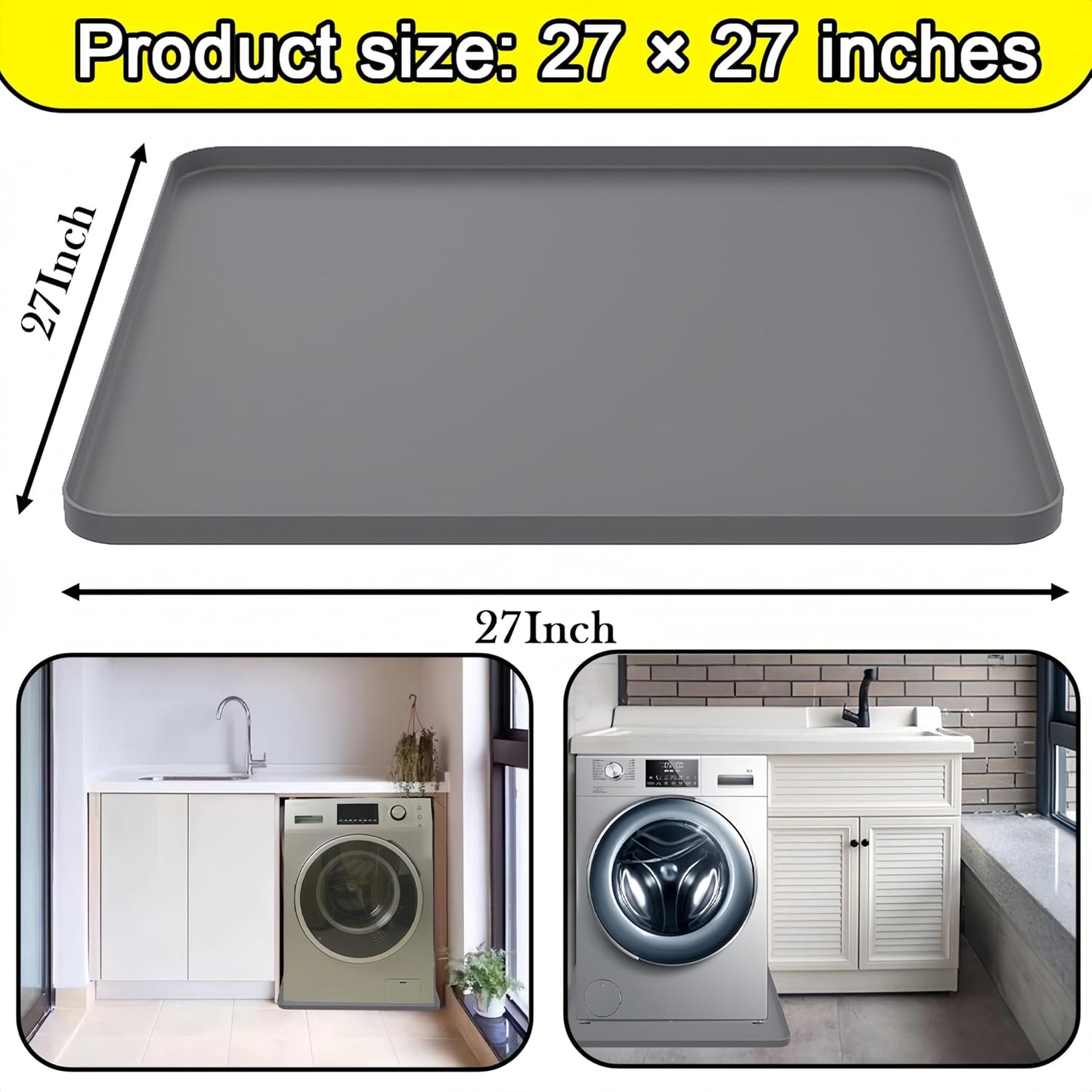 27×27inch Washer Drain Pan Silicone Mat, With Raised Edge Washing Machine Silicone Mat, Multi-function Non Slip, Soft Foldable Portable Waterproof Pad（grey）