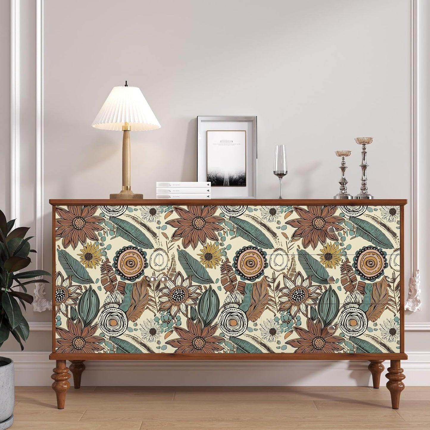 Blue Wallpaper Peel and Stick,Vintage Boho Floral Contact Paper 17.5" x 118", Retro Botanical Flower Wall Paper Self Adhesive Removable Waterproof for Walls Shelves Cabinet Table (Blue,Yellow, Green)