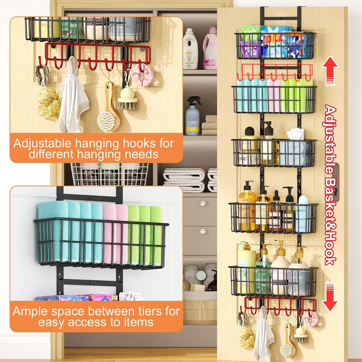Hongtamoya Over The Door Organizer, Hanging Door Organizer with 5 Metal Baskets, Behind The Door Storage for Pantry Closet Bedroom Bathroom Cabinet Kitchen, White