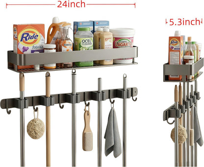 Broom Holder Wall Mount 24 Inch, Heavy-Duty Hooks & Sturdy Anti-Fall Large Capacity Shelf, Holds Brooms, Mops, Vacuums & Cleaning Supplies for Laundry Room, Garage and Closet