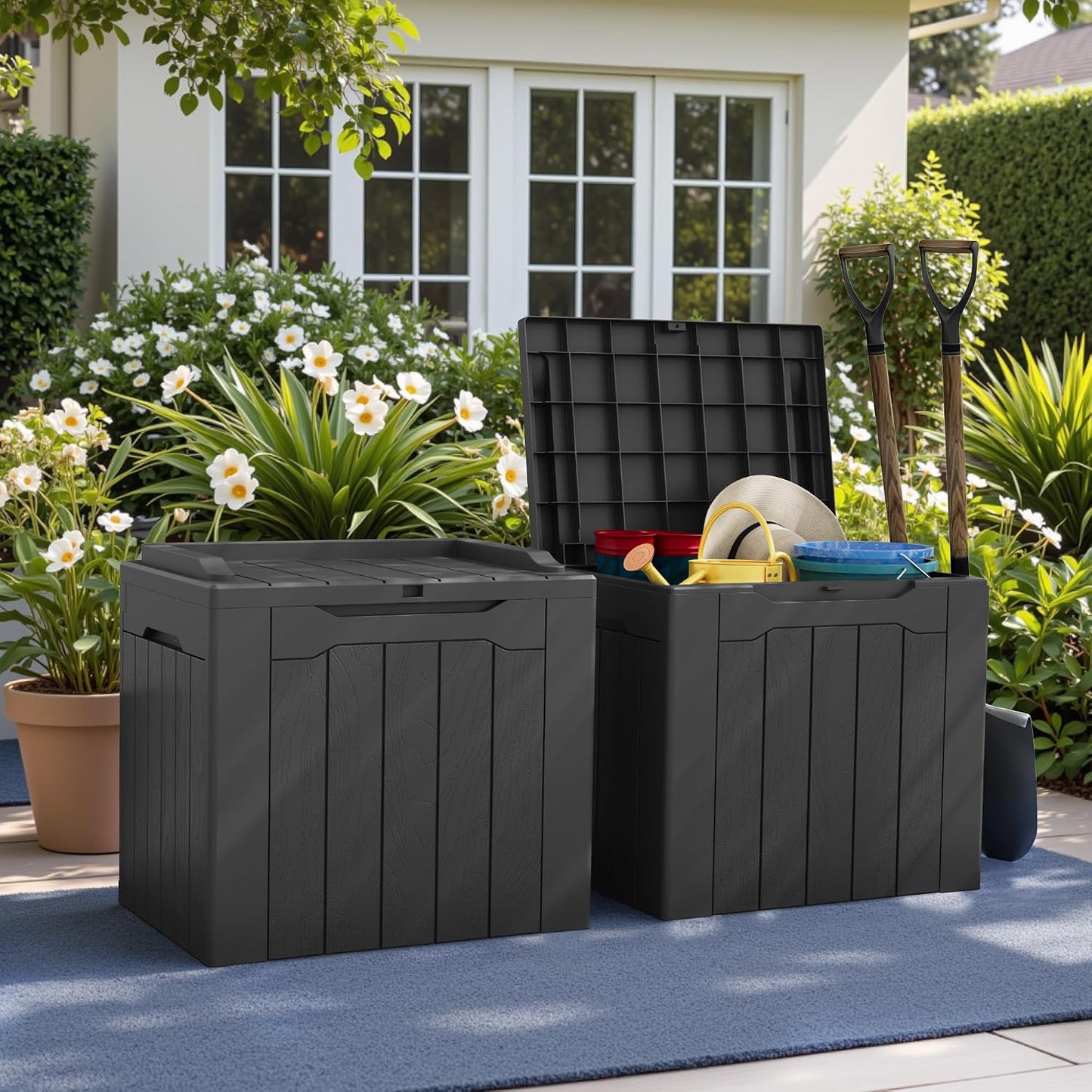 Greesum 31 Gallon Resin Deck Box All Weather Outdoor Storage Boxes for Patio Furniture Set,Outdoor Toys,Garden Tools,Black