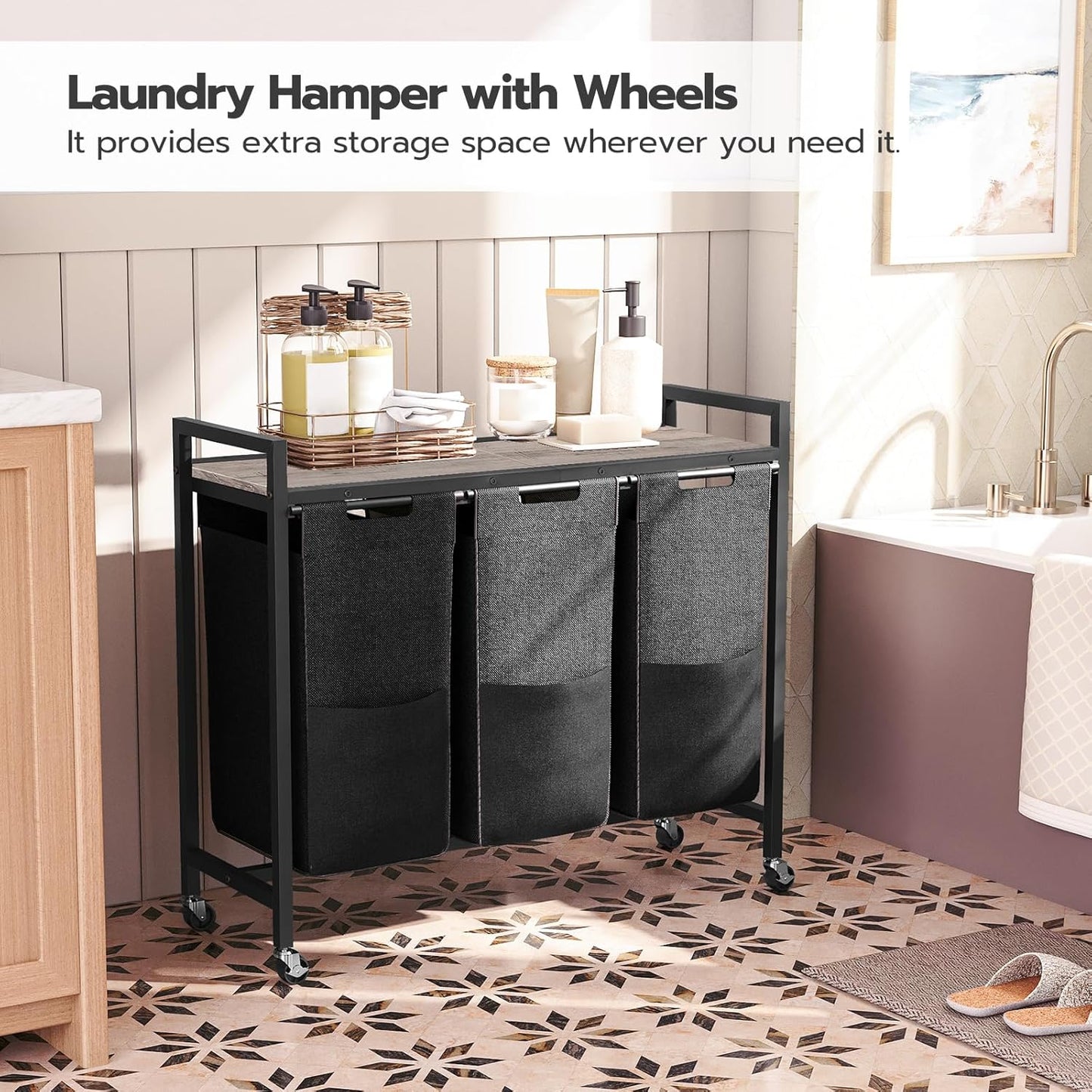 HOOBRO Laundry Sorter 3 Section, Laundry Hamper with Wheels, 3 × 11.5 Gal (43.5 L), Rolling Laundry Basket, Pull-Out and Removable Oxford Fabric Laundry Bags, Rustic Brown and Black BF76XY01