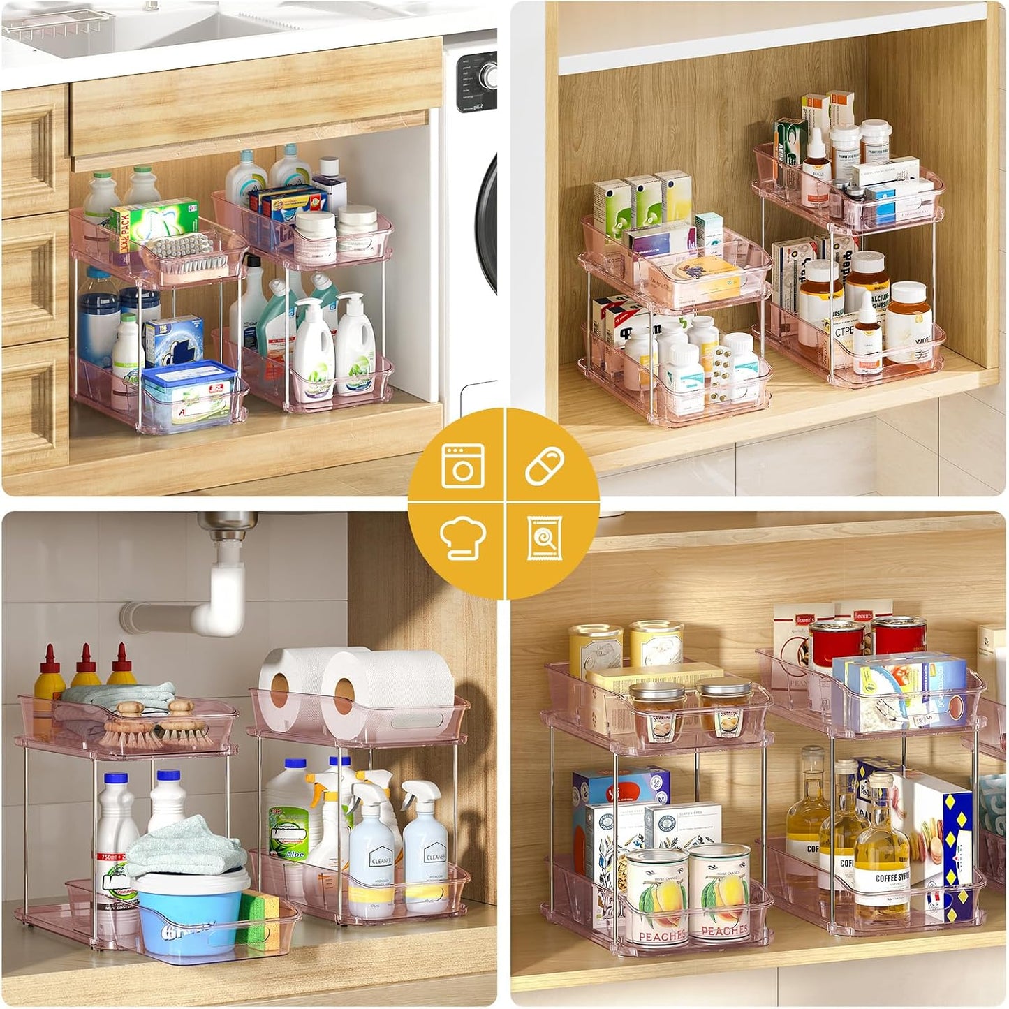 Delamu 2-Tier Under Sink Organizers and Storage, Multi-Purpose Stackable Bathroom Cabinet organizers, Pull Out Kitchen Pantry Organization and Storage with Dividers(2 Pack, Clear)