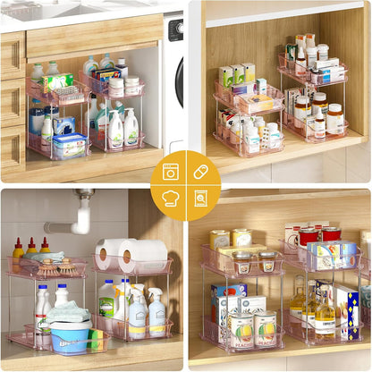 Delamu 2-Tier Under Sink Organizers and Storage, Multi-Purpose Stackable Bathroom Cabinet organizers, Pull Out Kitchen Pantry Organization and Storage with Dividers(2 Pack, Clear)