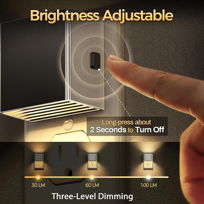 DORESshop LED Motion Sensor Night Light [2 Pack], Plug in Night Light, Dusk to Dawn Night Light Motion Sensor, 3 Level Brightness Adjustable Night Lights for Adults, Bedroom, Bathroom, Hallway, 3000K
