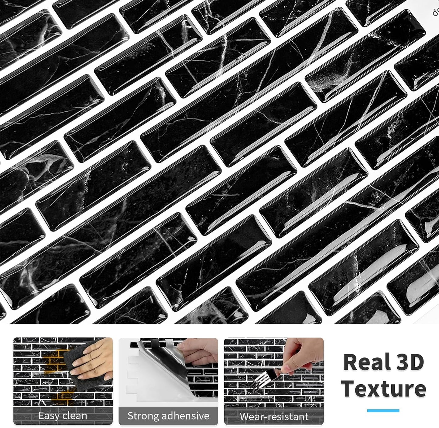 URCOLOR 10-Sheet Peel and Stick Backsplash Tile for Kitchen - 12”×12” Stick on Wall Tile for Bathroom, Black White Grey