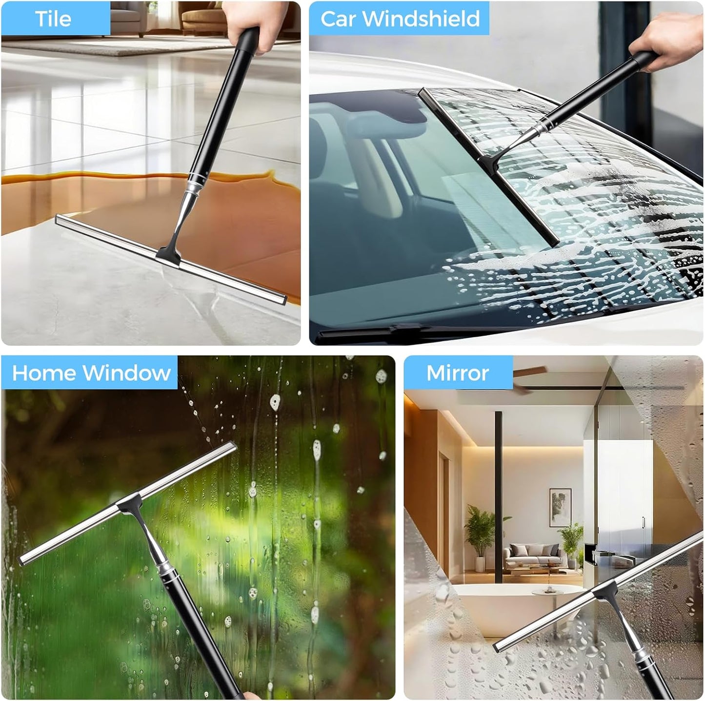 10.7“ Wide All-Purpose Shower Squeegee for Glass Doors, Squeegee for Shower Glass with Hook, Window Squeegee for Home, Small Squeegee for Shower, Bathroom, Car Glass, Mirror (Black)