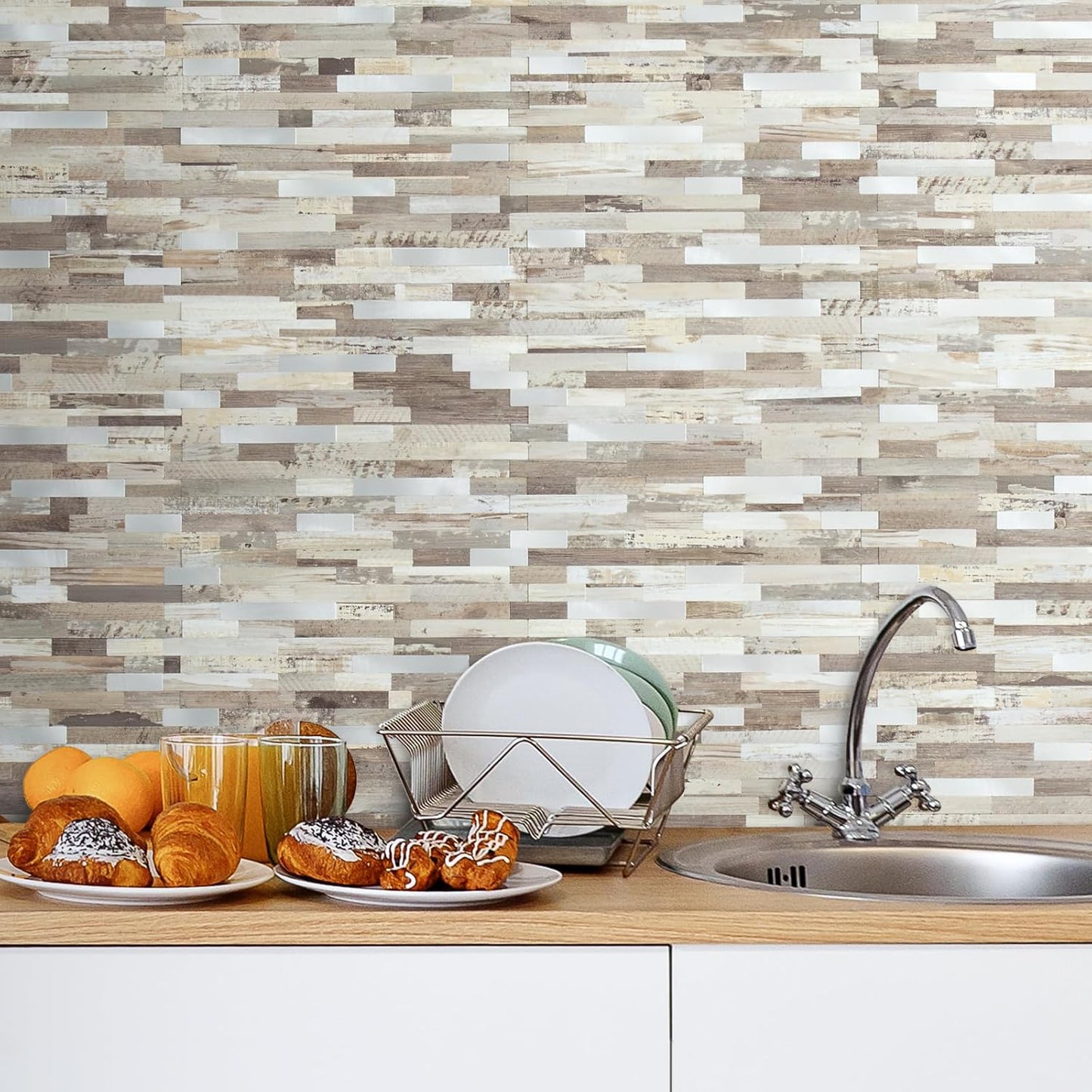 AULIGET 20 Sheets Peel and Stick Backsplash, Black & Grey Wood Look PVC Mixed Metal Stick on Backsplash Tiles for Kitchen