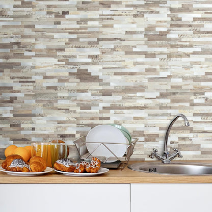 AULIGET 20 Sheets Peel and Stick Backsplash, Black & Grey Wood Look PVC Mixed Metal Stick on Backsplash Tiles for Kitchen