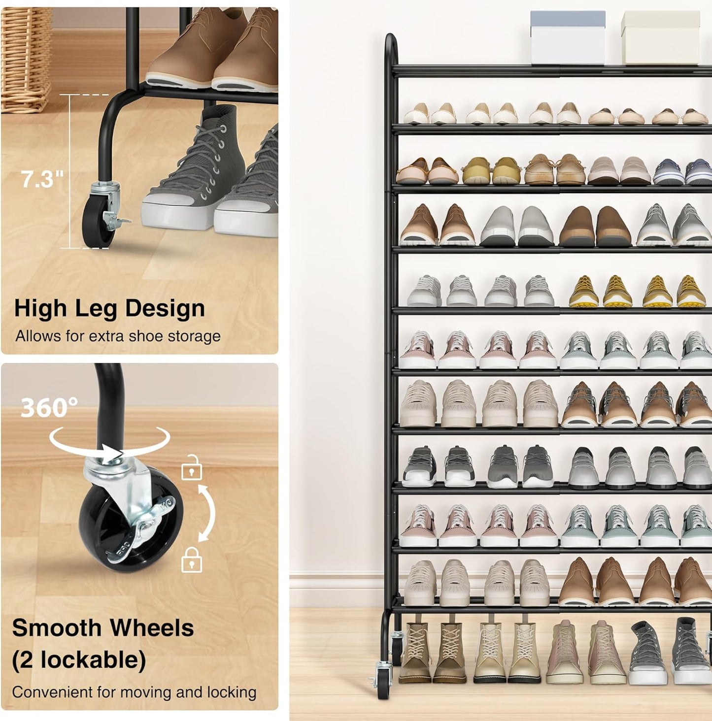 STO STO Expandable Shoe Rack, 3-Tier Metal Small Shoe Rack for Closet, Up to 16 Pairs Adjustable Shoes Racks Storage for Front Door Entrance, Free Standing Shoes Rack Organizer for Entryway, Black