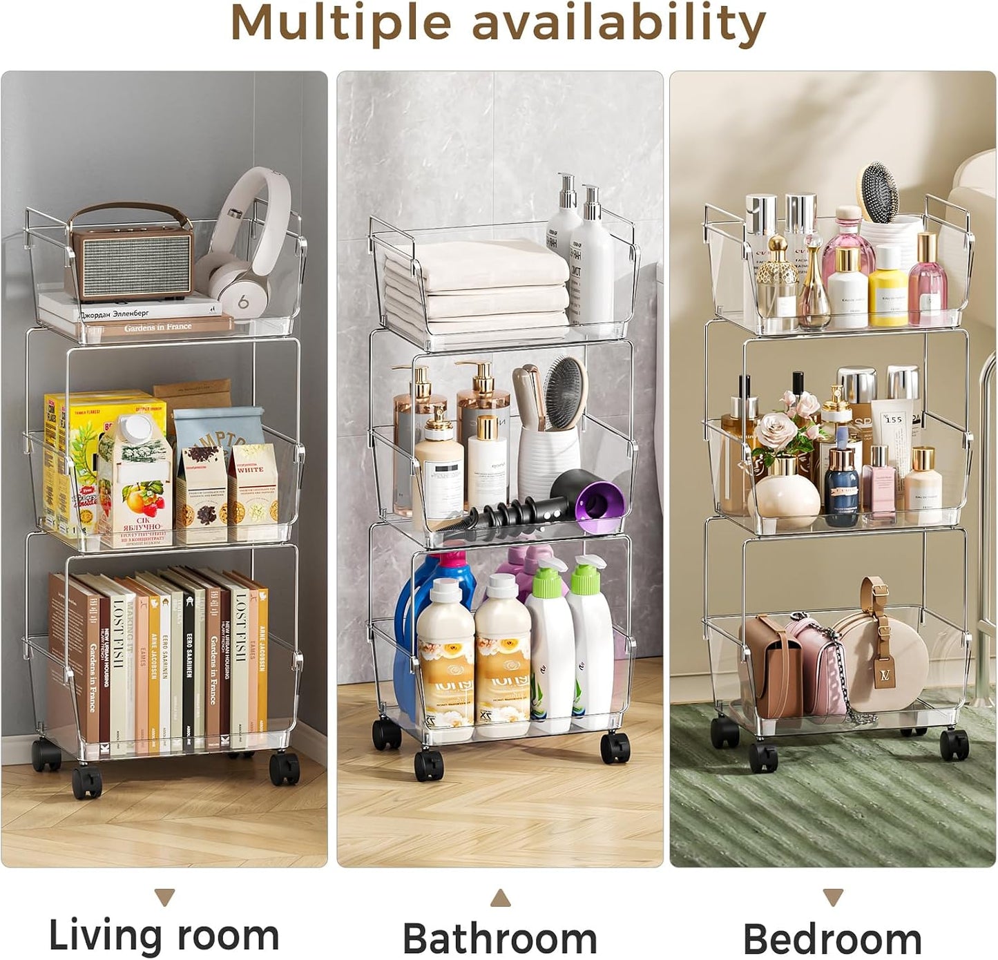 Delamu 3 Tier Rolling Cart for Kitchen, Bathroom, Office, Acrylic Utility Storage Carts with 2 Lockable Wheels, Ideal for Small Spaces, Pantry, Classroom, Makeup Organizer, Dorm Storage, Clear
