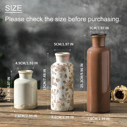 Ceramic Vase Set of 3, Neutral Flower Vases Home Decor, Pottery Rustic Farmhouse Decorative Vases Modern Decor for Table Mantel Entryway Bookshelf Living Room Kitchen Bedroom - Brown