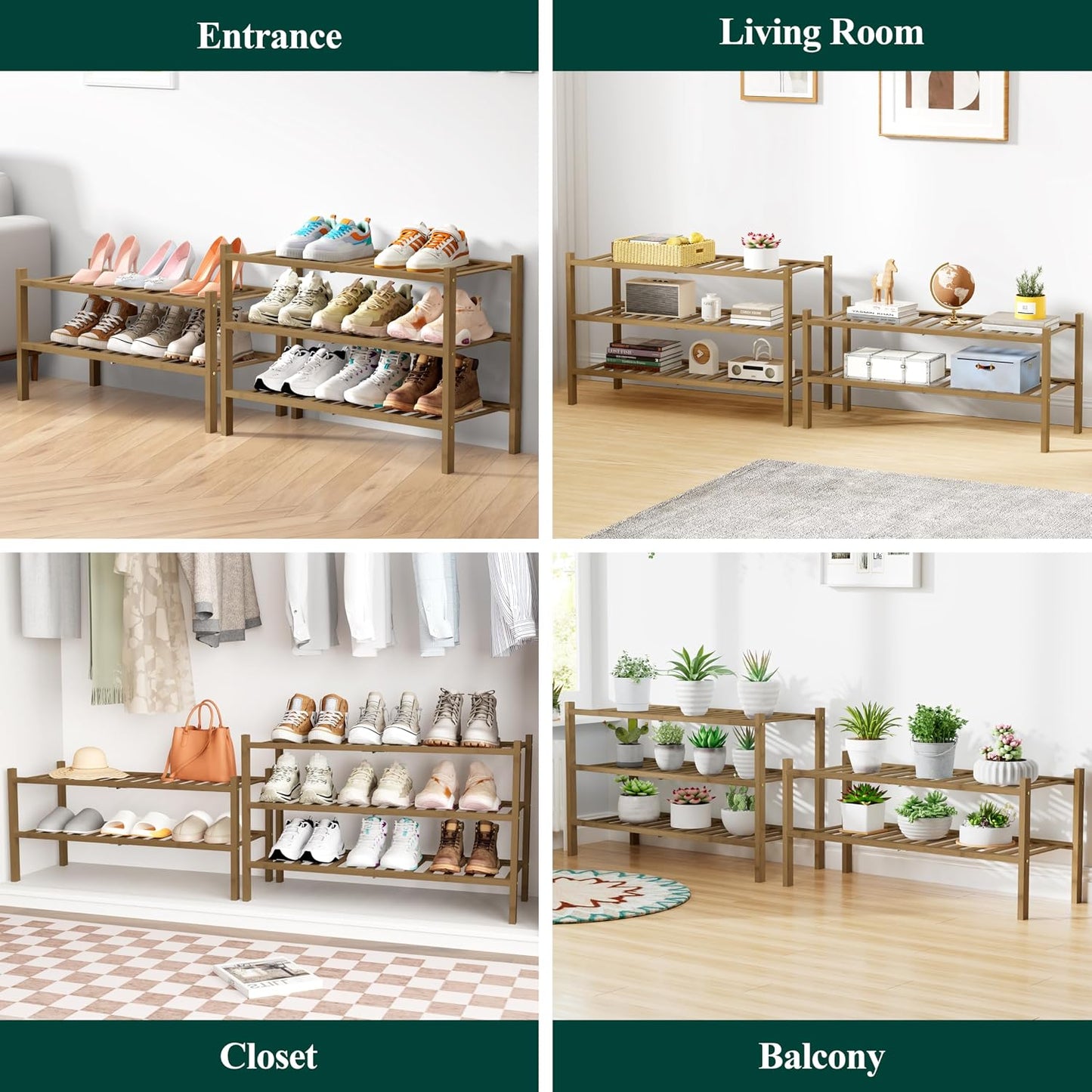 Smiry Bamboo Shoe Rack for Closet, 3 Tier Wooden Shoe Organizer, Stackable Wood Shoe Storage Shelf for Entryway, 14 Vertical Slats, One-piece Heavy-Duty Legs, 26.77"x11.02"x18.31", Natural