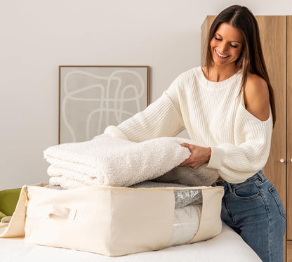 Soft Canvas Storage Bags with Zipper. Thick Breathable, 1pc King/Queen Comforter Organizer. Four Carrying Handles and Window. Large 25x19x9in Bag for Sheets Blankets Bedding Pillows, Clothes (Grey)