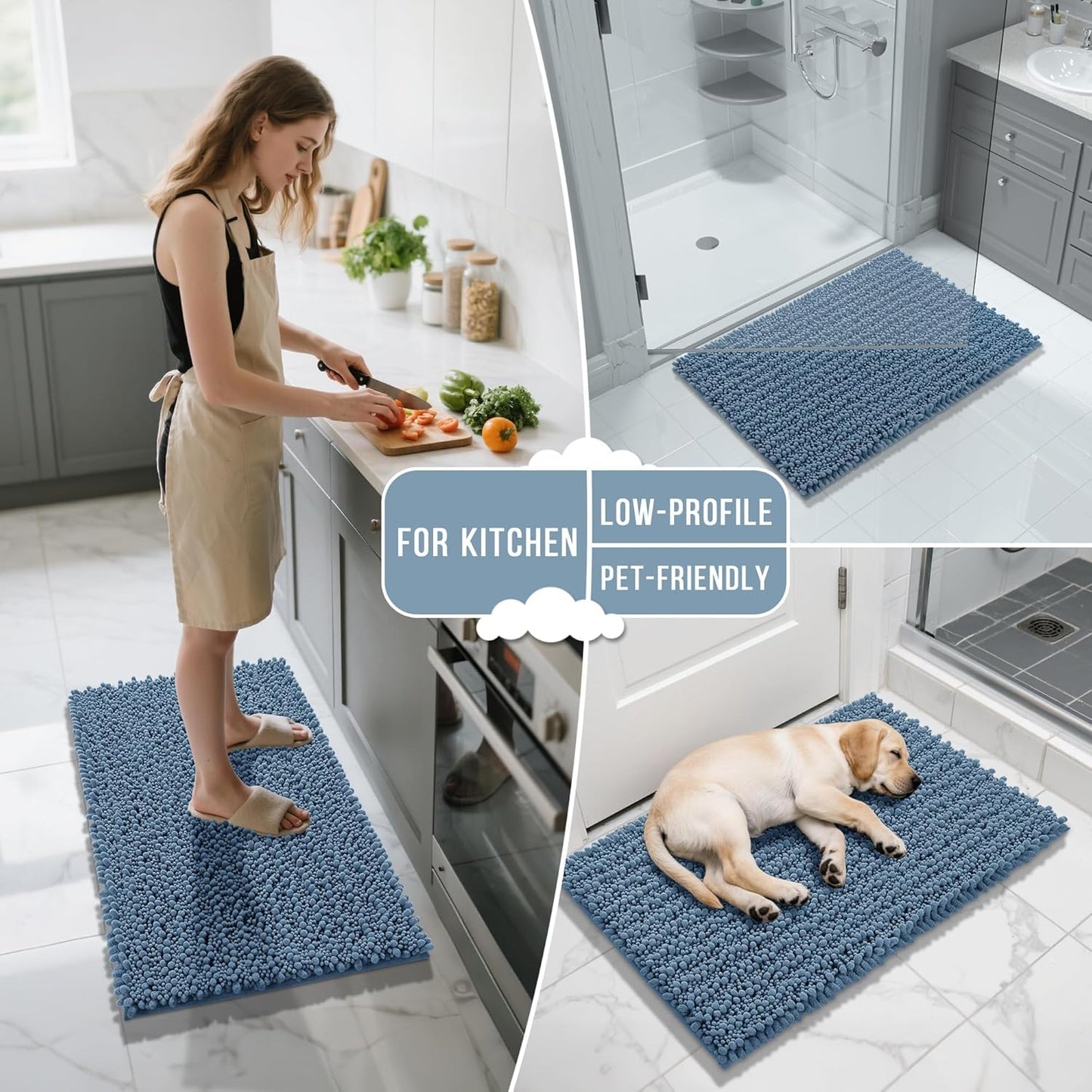 Yimobra Bathroom Rugs Non Slip Washable - Ultra Soft Absorbent Chenille Bath Mat, Quick Dry Shaggy Floor Carpet for Tub Shower, Gray Home Decor Accessories, 24x17 Inch