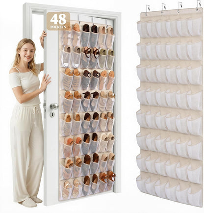 48 Pockets Over the Door Shoe Organizer, Large Mesh Hanging Shoe Rack, 6-Column Heavy Duty Shoe Storage for Sneakers and Heels, Behind Door Holder for Entryway Bedroom Dorm College, Black