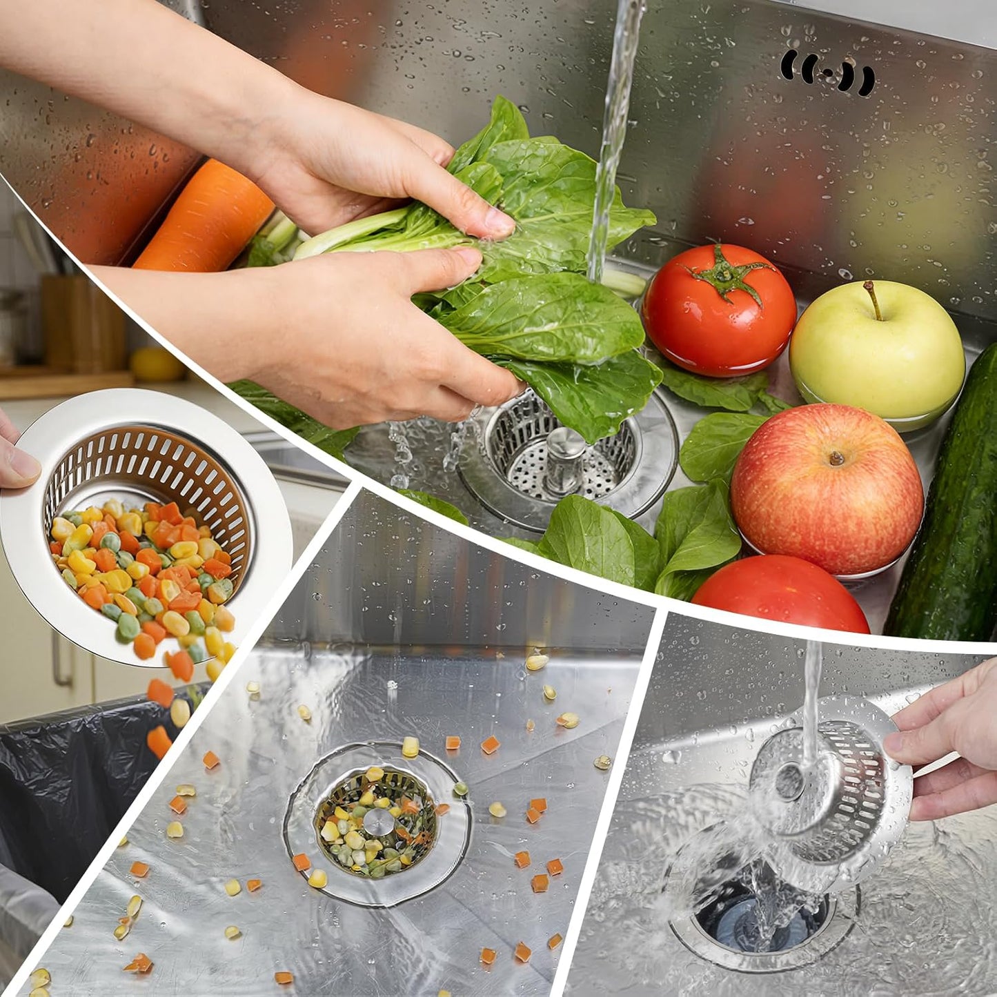 Hibbent Upgraded 3 In 1 Kitchen Sink Drain Strainer and Stopper Combo Assembly Kit, Stainless Steel Larger Anti-Clogging Basket, Pop Up Stopper Plug for US Standard 3-1/2 Inch, Brushed Nickel