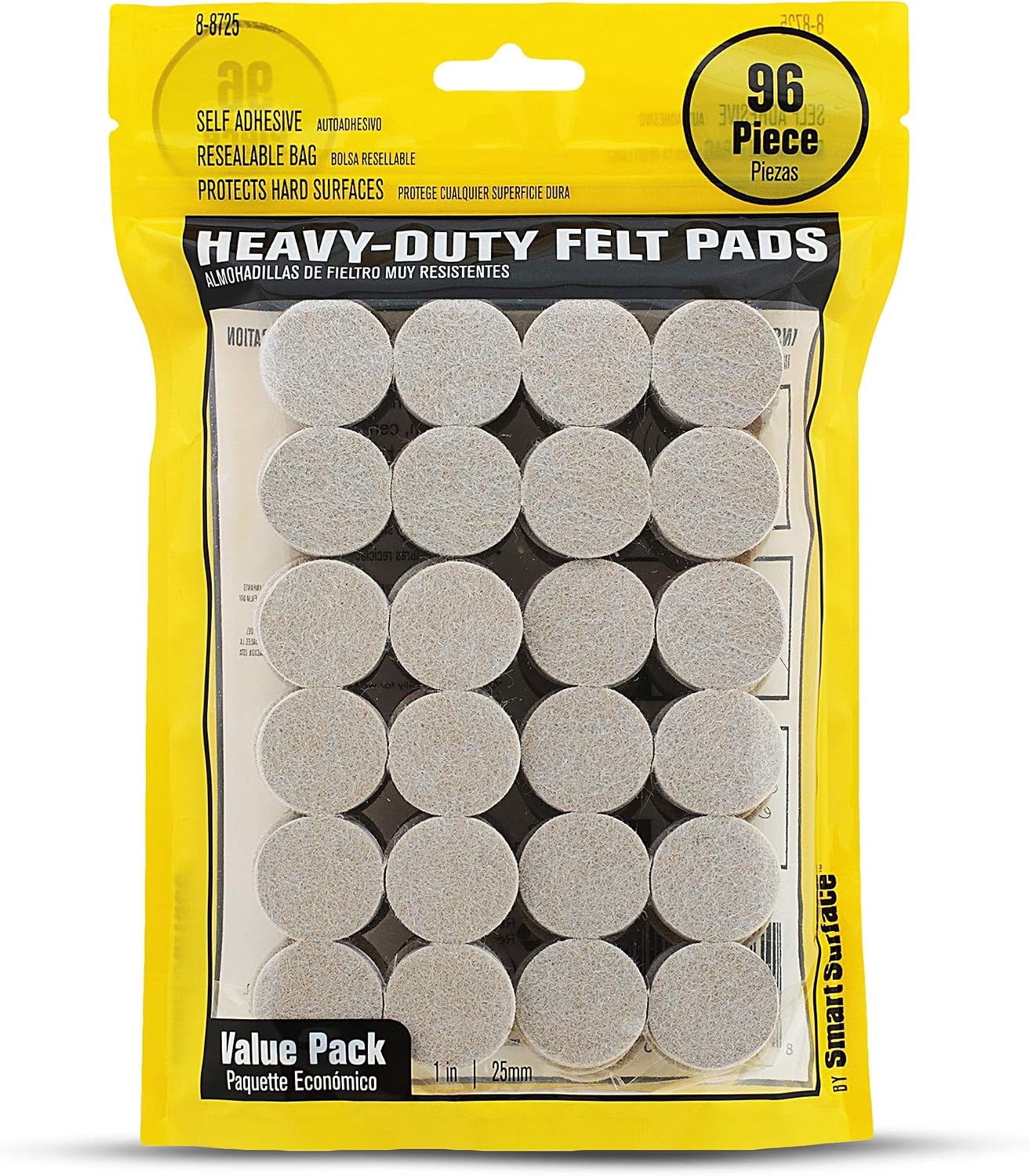 Smart Surface 8725 Heavy Duty Self Adhesive Furniture Felt Pads 1-Inch Round Oatmeal 96-Piece Value Pack in Resealable Bag