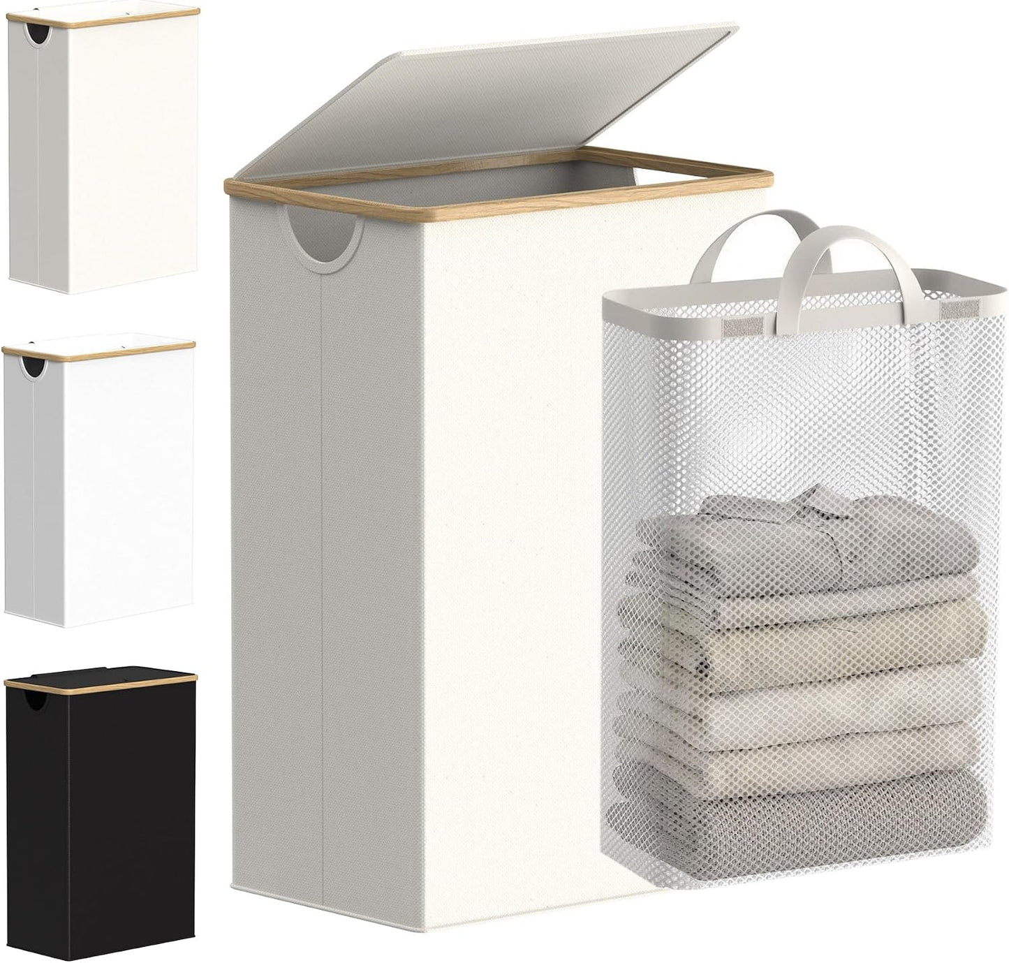 efluky Slim Laundry Basket with Lid, Narrow Laundry Hamper with Removable Bag, Skinny Dirty Clothes Basket with Bamboo Handles for Bathroom, Bedroom & Laundry Room, 75L Beige