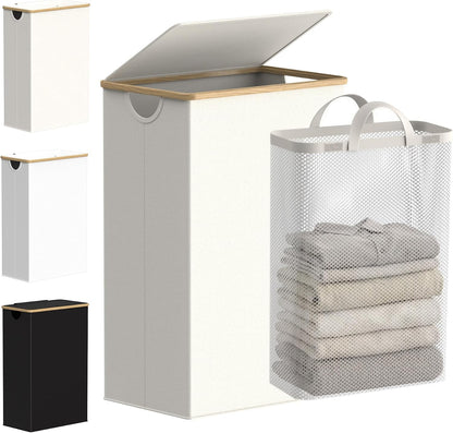 efluky Slim Laundry Basket with Lid, Narrow Laundry Hamper with Removable Bag, Skinny Dirty Clothes Basket with Bamboo Handles for Bathroom, Bedroom & Laundry Room, 75L Beige