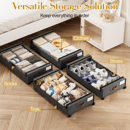 Yecaye Under Bed Storage with Wheels, 2 Pack Under the Bed Storage Containers with Lids & Label, XXL 60L Rolling Underbed Storage Drawers for Clothes, Blankets, Shoes, Black