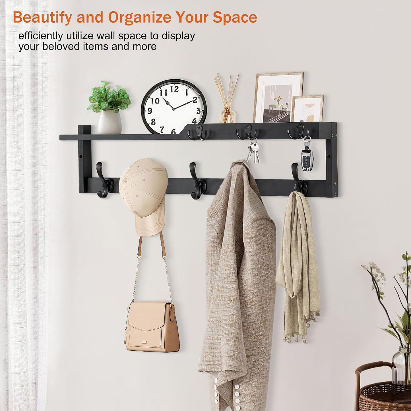 dreampossible Coat Rack Wall Mount with Shelf, Coat Hanger Wall Mount with Key Hooks and Mail Holder, Wood Entryway Floating Shelf with Hooks and Storage, Hat Rack for Wall Key Holder Mail Organizer