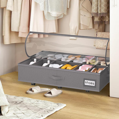 homyfort Under Bed Shoe Storage with Wheels, Fits 24 Pairs, Rolling Shoe Organizer with Bottom Support & Clear Lids, Sturdy Under Bed Storage Box for Shoes, Set of 2, Grey