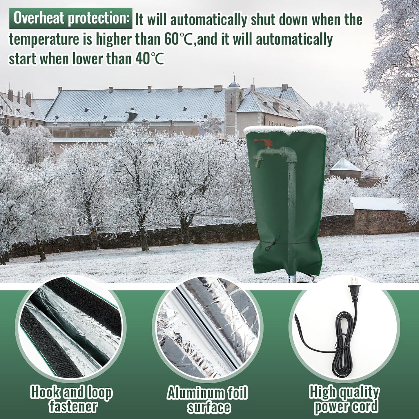 Glooglitter 25.2"L x 14"W Electric Heated Outdoor Faucet Cover for Winter Freeze Protection Heating Hose Bib Covers for Winter, Water Pipe Heater for Garden Faucet Insulated Spigot Protector (Green)